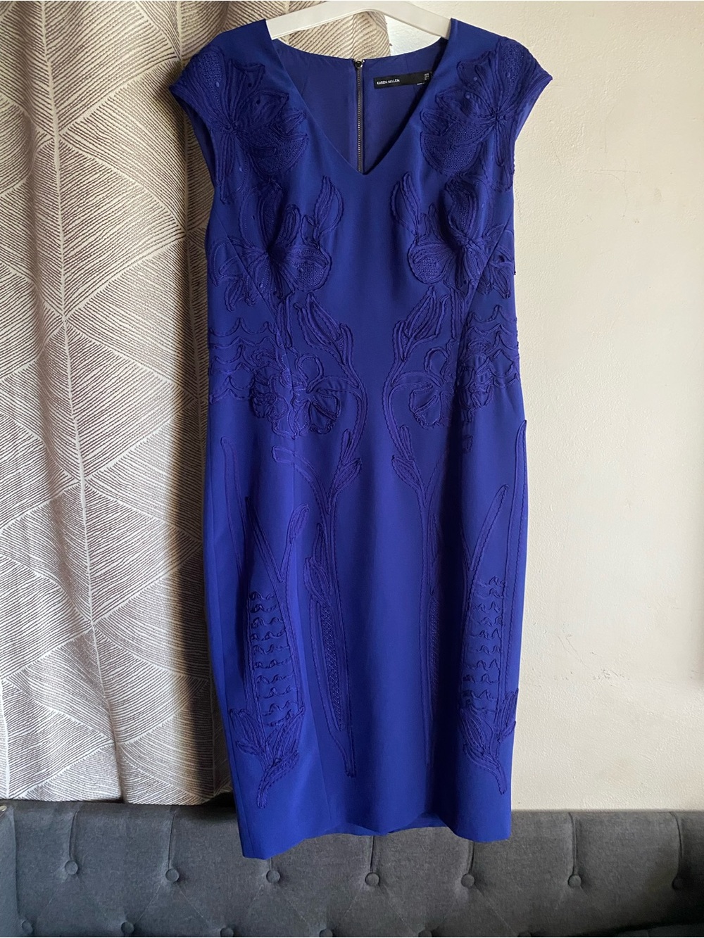 Karen Millen Cobalt Blue Embroidered Cap-Sleeve Sheath Dress Sz 10